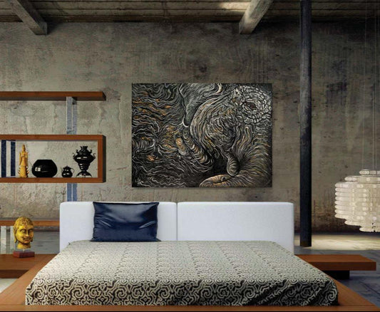 Waking Elephant is a figurative abstract painting on a wall in a bedroom