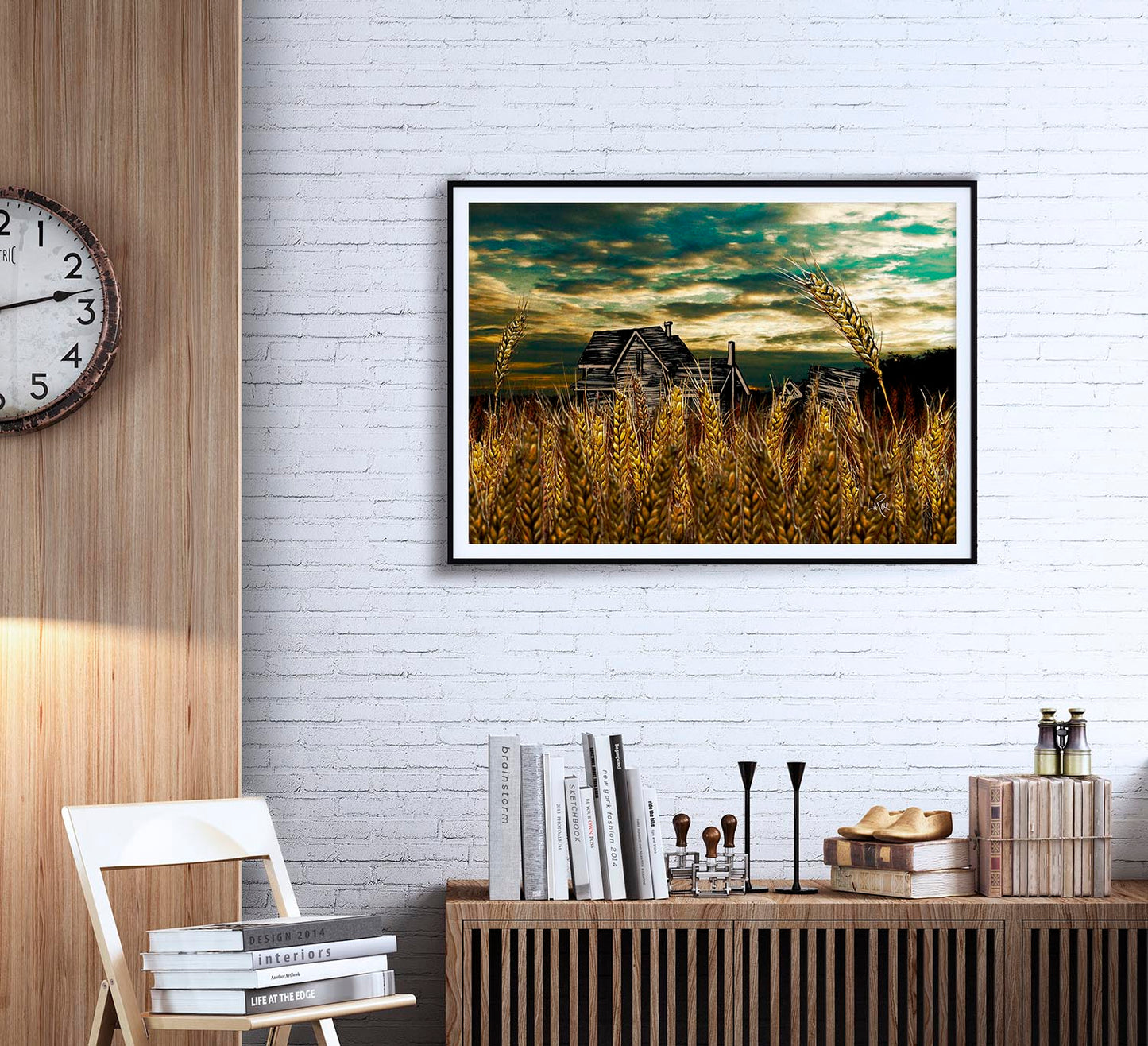 Wheat Field Farm House mixed media art by Doug LaRue on a white  brick wall