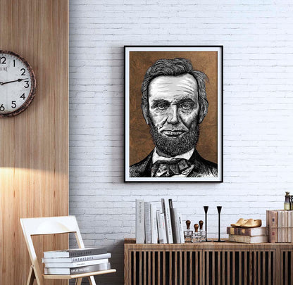 Ink portrait of President Abraham Lincoln on a white brick wall in a black metal frame