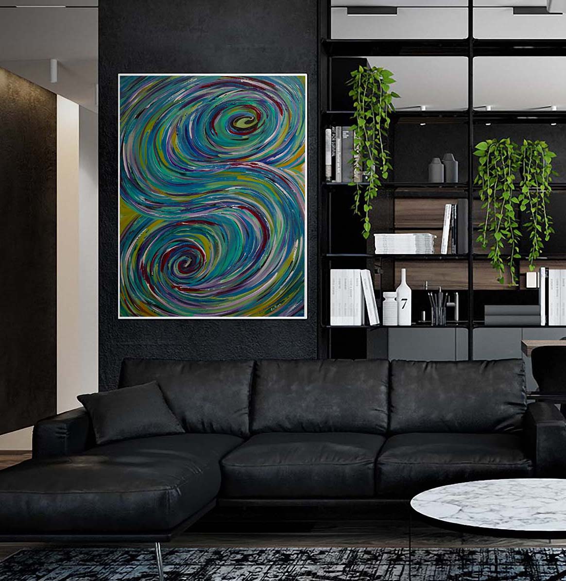 S Abstract painting by Doug LaRue large print on a wall in a living room