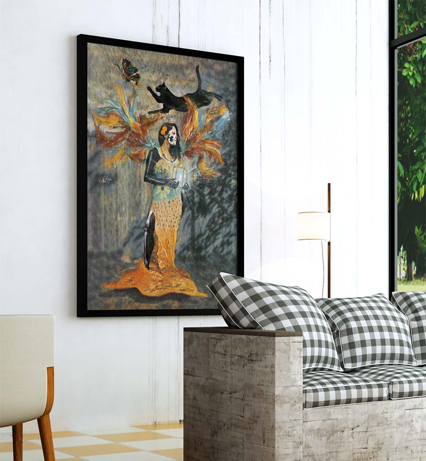 Alma Enjaulada Catrina mixed media art by Doug LaRue large framed print behind a checkered couch