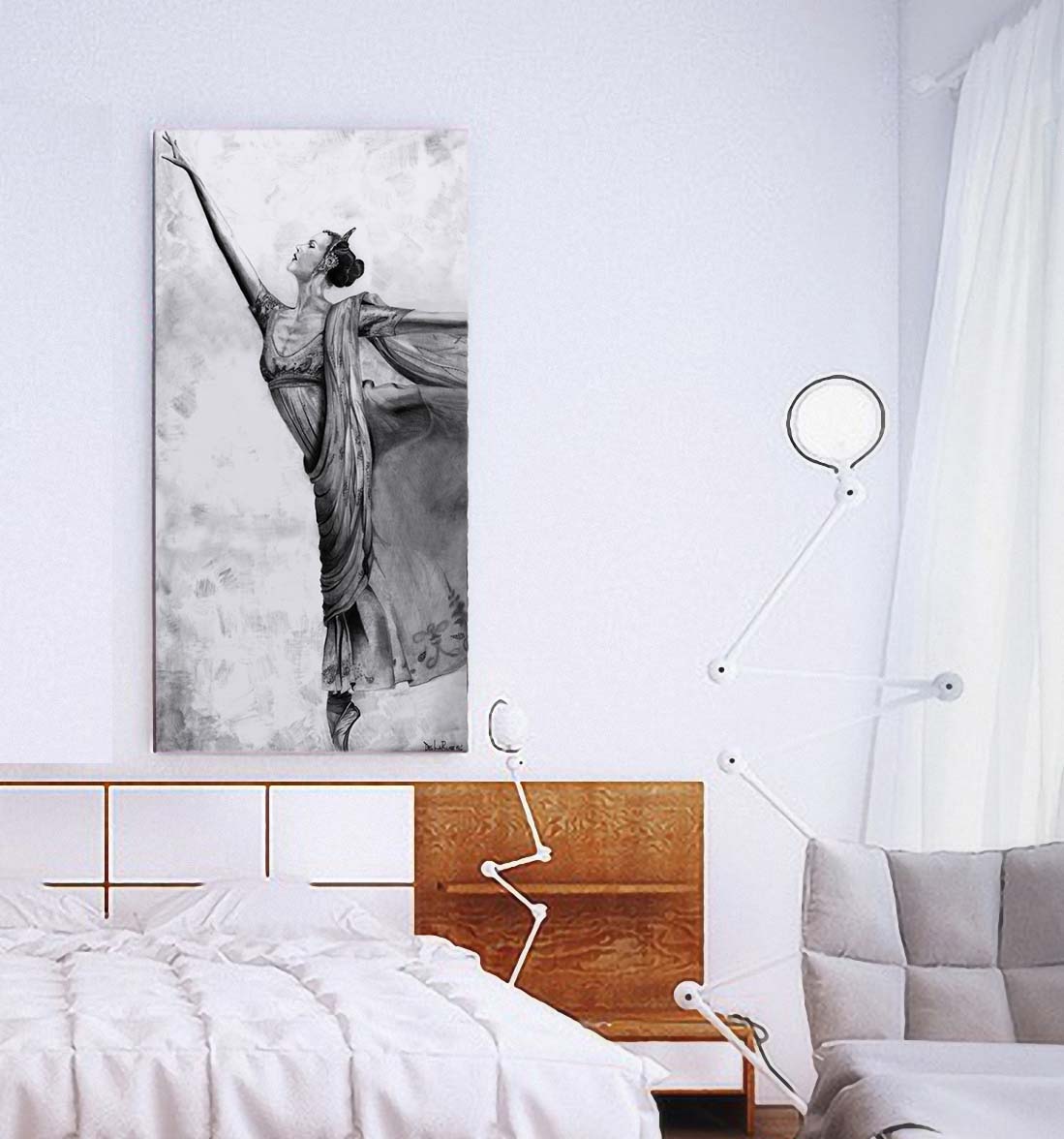 Ballerina pencil drawing by Doug LaRue on a bed room wall