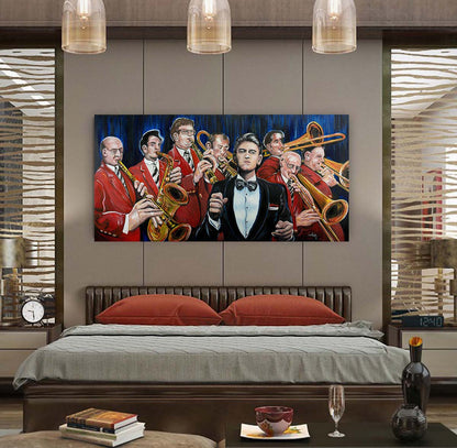 Big Band oil painting by Doug LaRue on a bedroom wall over a bed