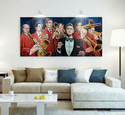 Large print of Big Band Small Room oil on canvas by Doug LaRue over a couch in a living room