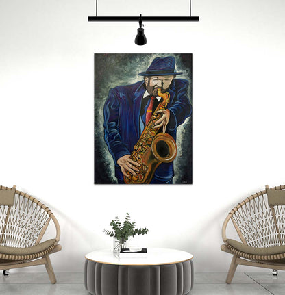 Large print of Blue Sax original oil painting on canvas by Doug LaRue on a wall in a living room