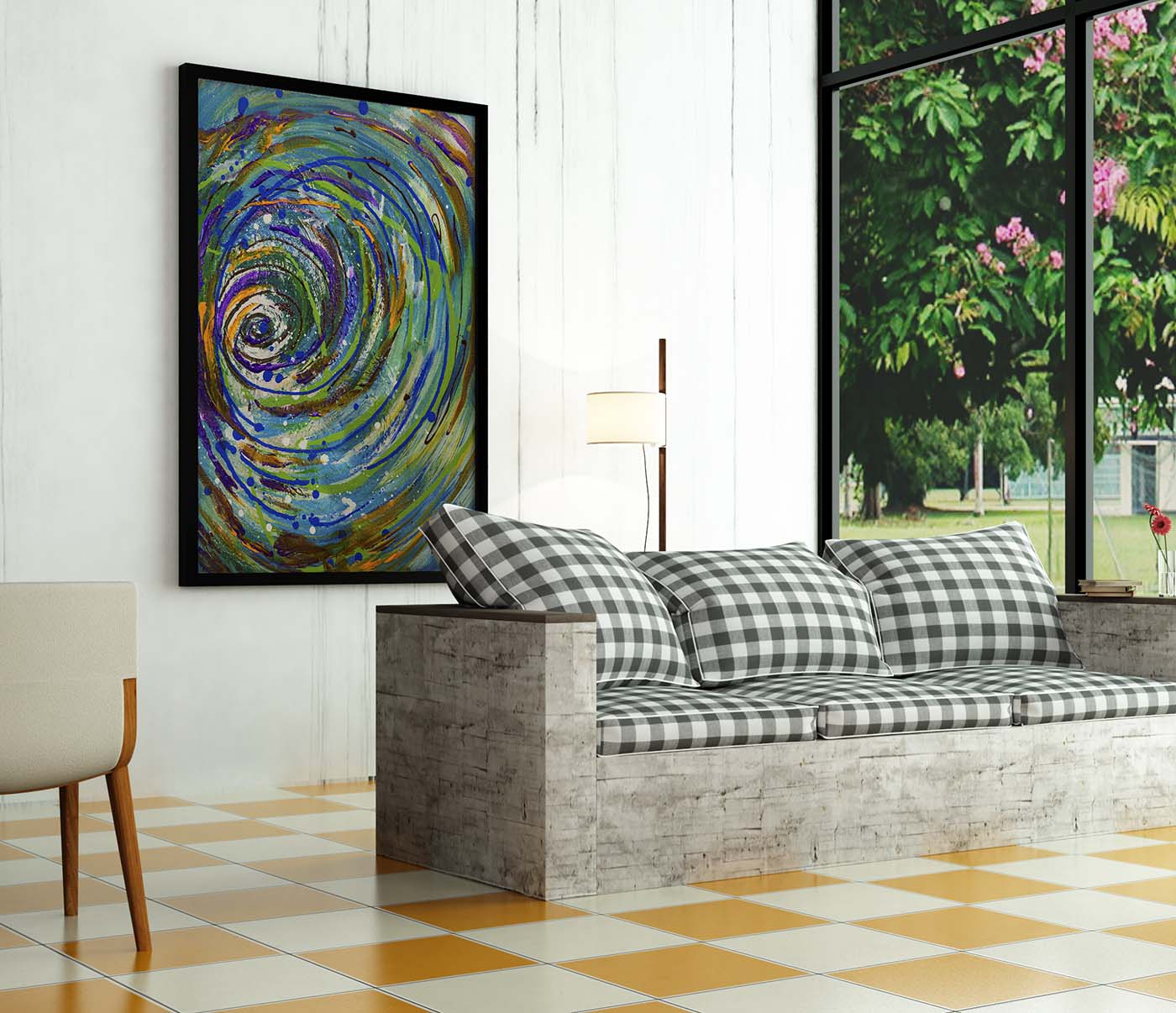 Chroma Vortex abstract by Doug LaRue on a living room wall by a large window