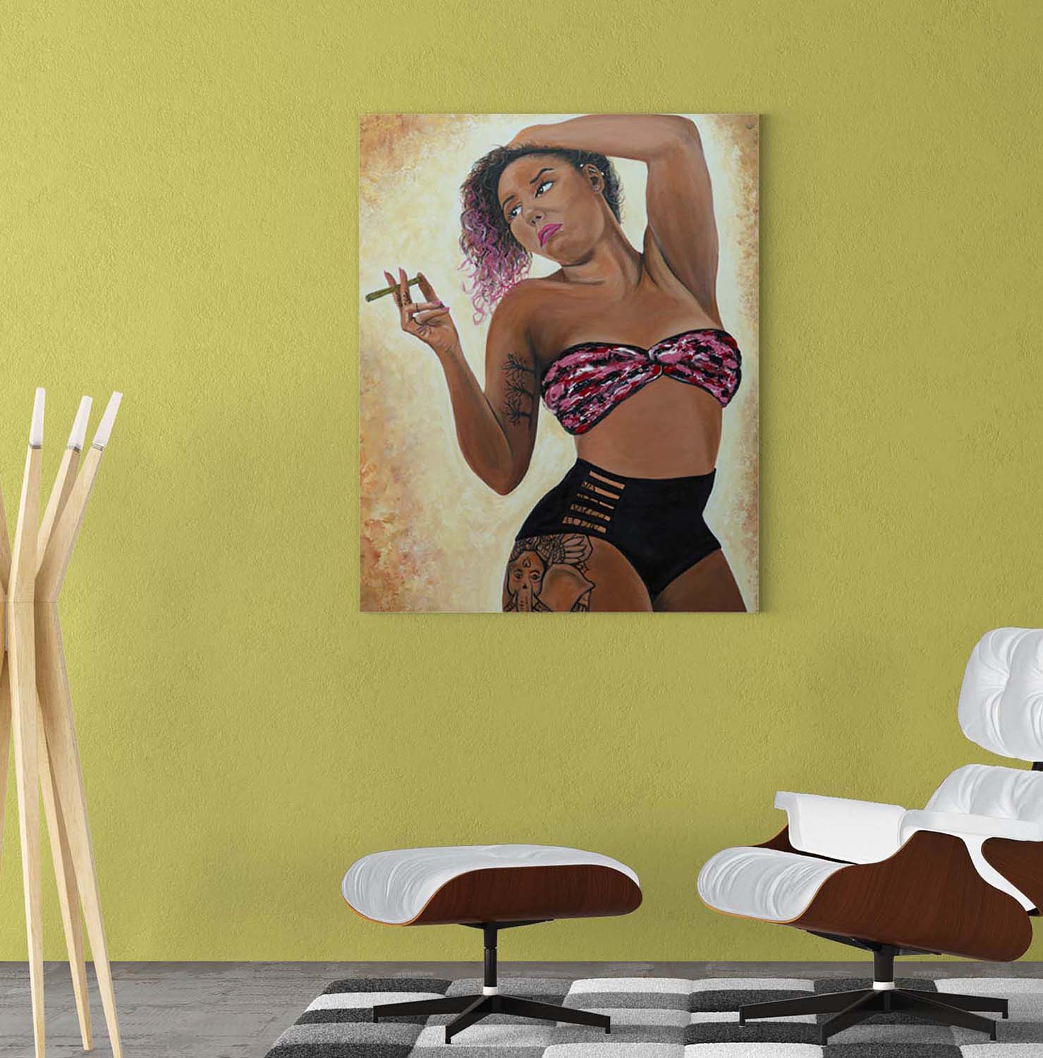 DeRae's Accoutrements painting on canvas by Doug LaRue on a bright wall over a lounge chair