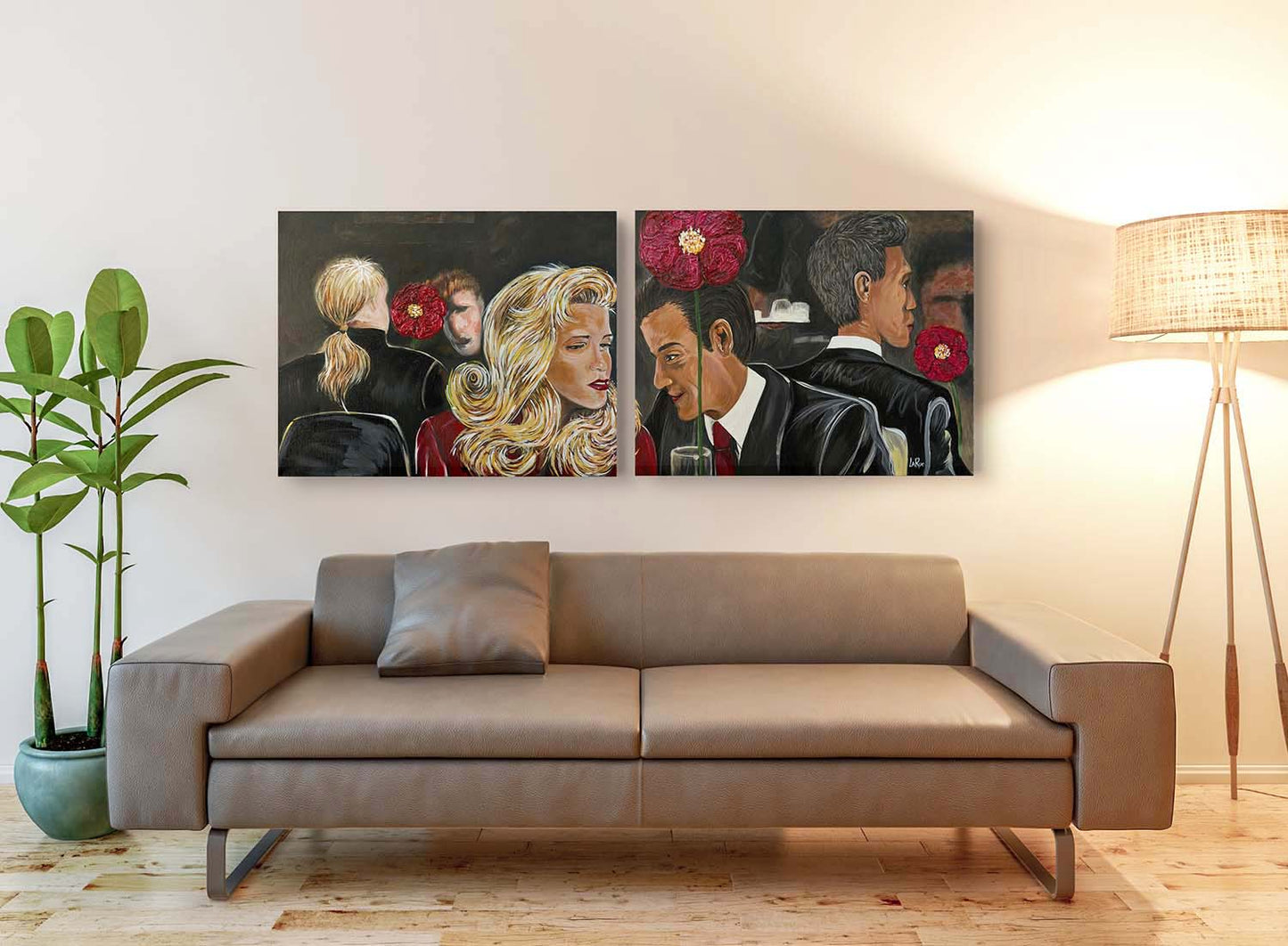 Dinner in the City both canvases on a wall over a couch