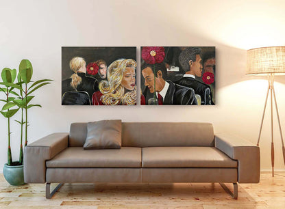 Dinner in the City both canvases on a wall over a couch