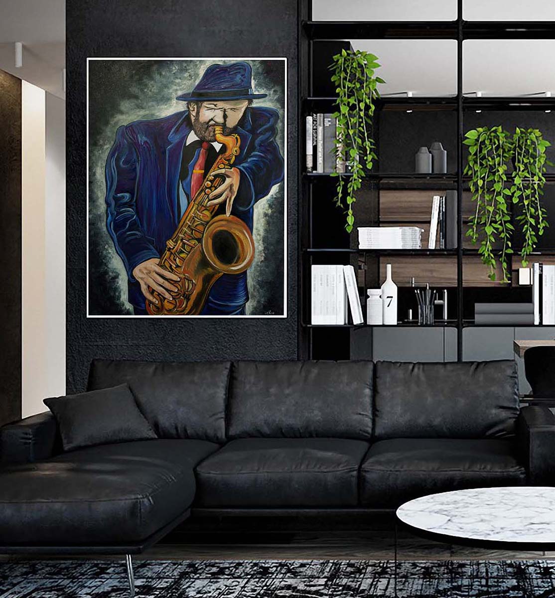 Large print of Blue Sax original oil painting on canvas by Doug LaRue on a wall in a living room