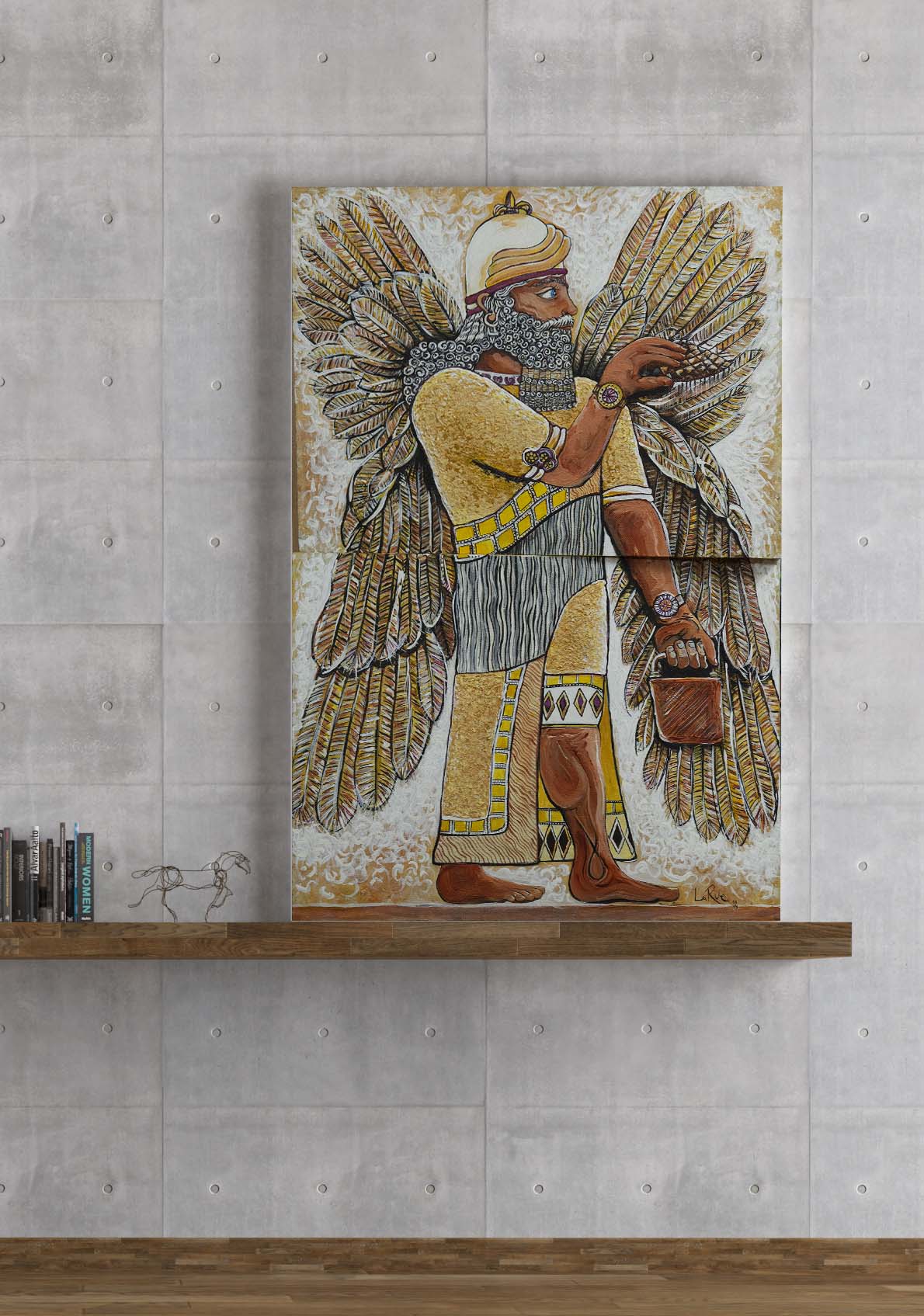 Enki the Annunaki canvas painting by Doug LaRue in a study on a white brick wall.