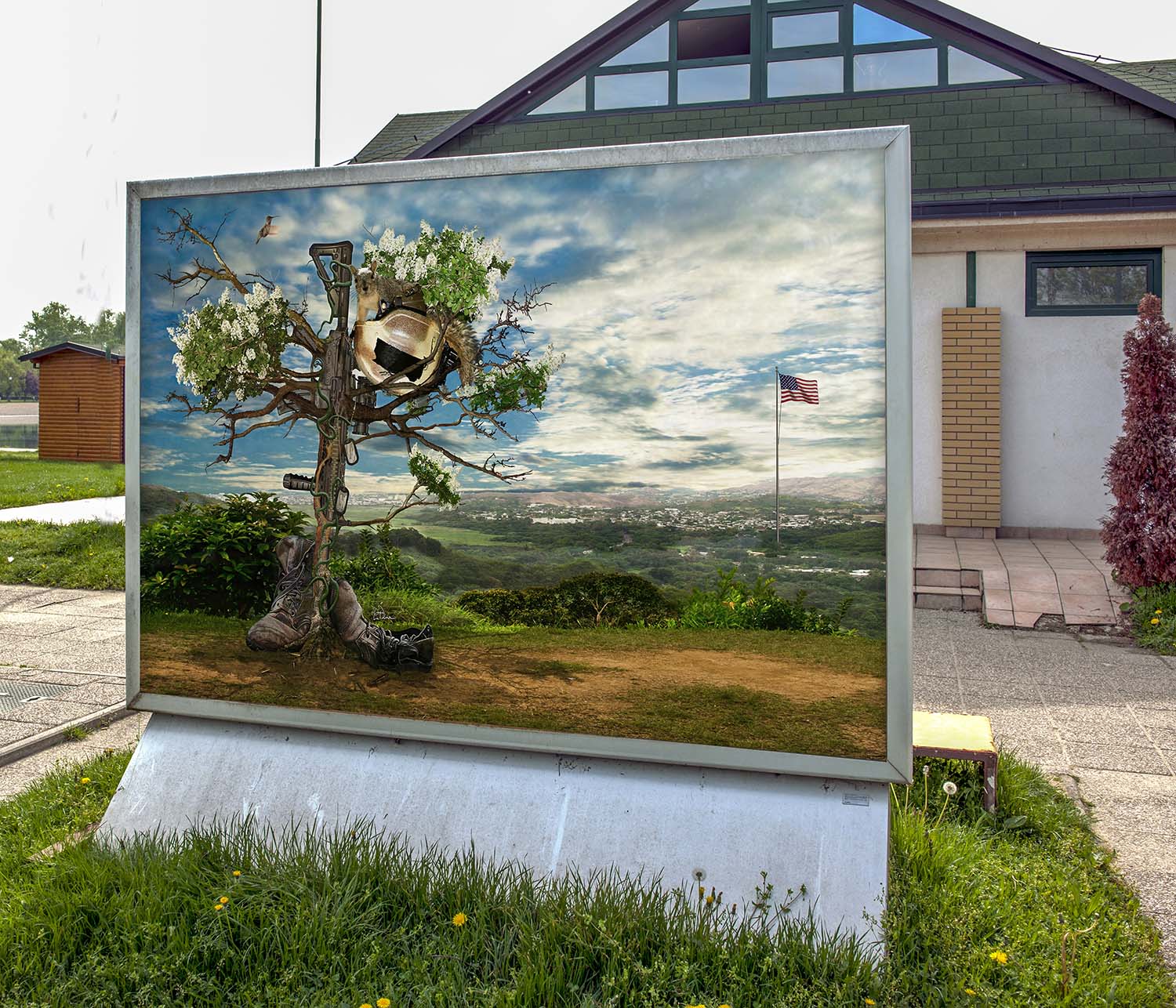 Rebirth of a Fallen Soldier's Cross mixed media art by Doug LaRue outdoor sign in front of a community center