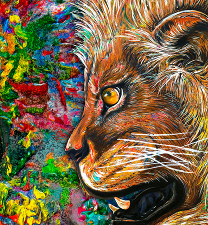 Fierce Lion mixed media art by Doug LaRue - Close Up