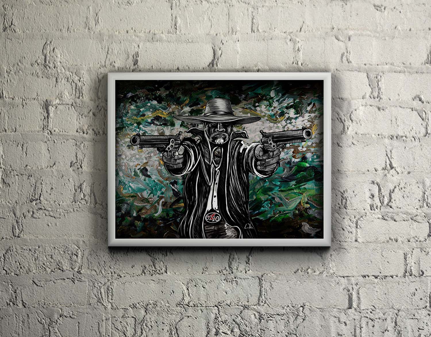 Bad Hombre art by Doug LaRue in a white frame on a white brick wall