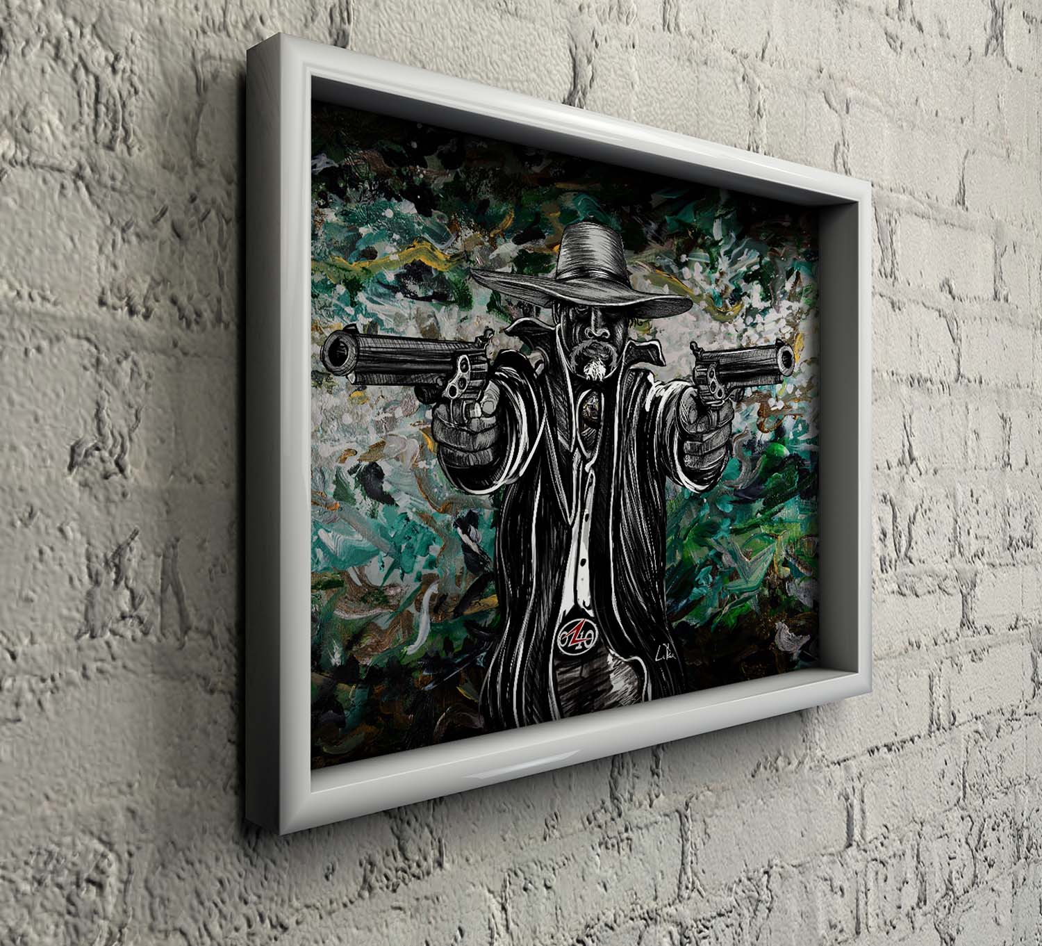 Bad Hombre art by Doug LaRue in a white frame on a white brick wall