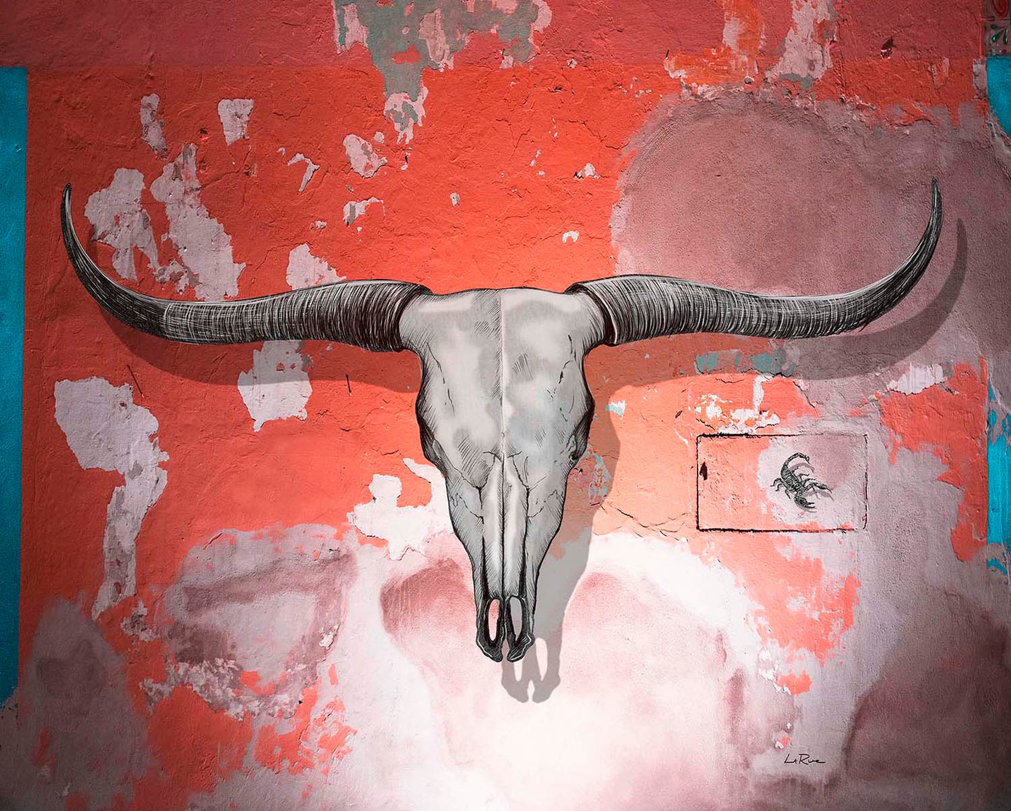 Longhorn Skull and Scorpion on a distressed pale tangerine wall by Doug LaRue