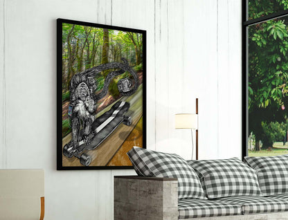 Simian Skate Selfie art by Doug LaRue large print in a black frame