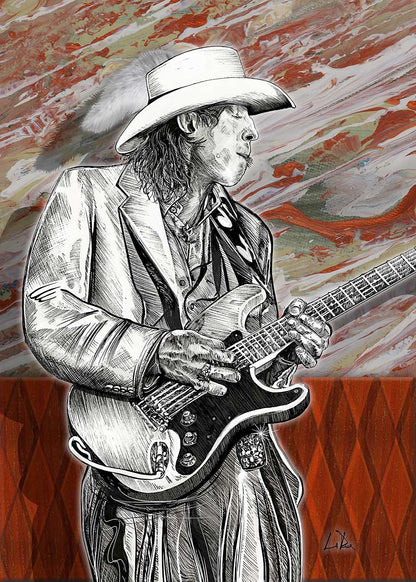 Guitarist Stevie Ray Vaughan mixed media art  Edit alt text