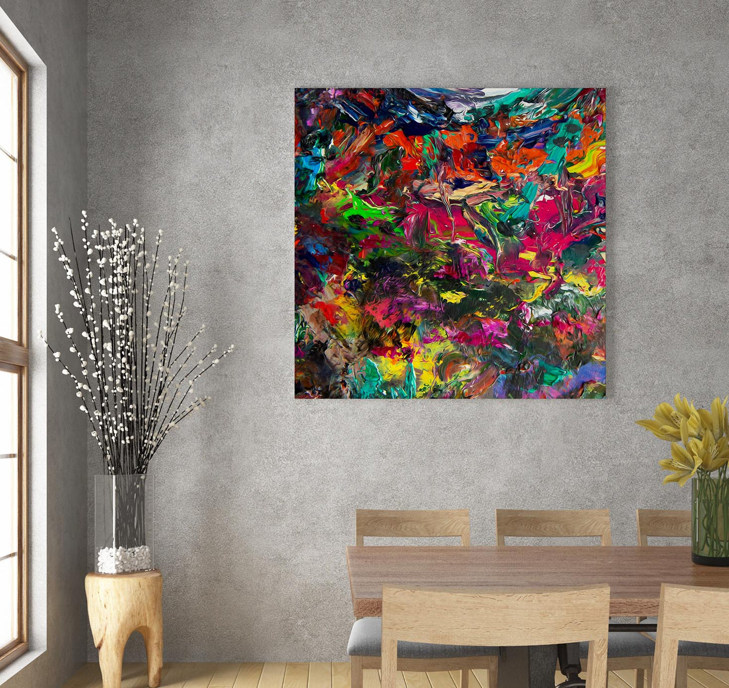 Vid19 Molten Rainbow abstract art by Doug LaRue on a dining room wall near a window