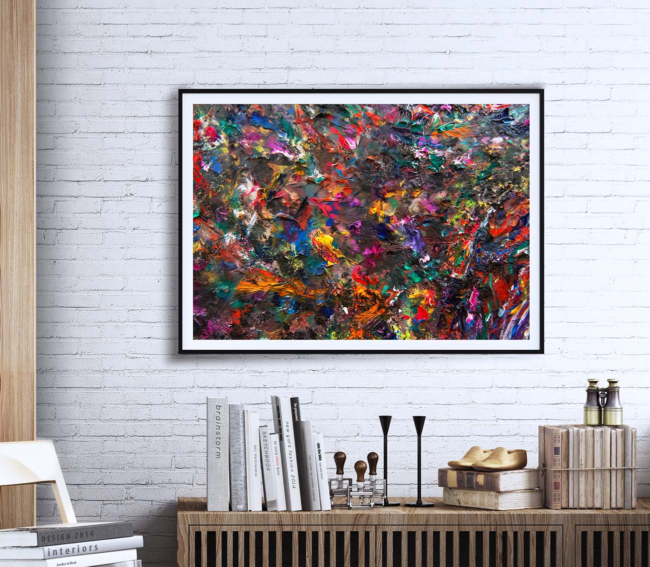 Vid19-57 Sirius Landscape abstract framed art on a white brick wall by Doug LaRue