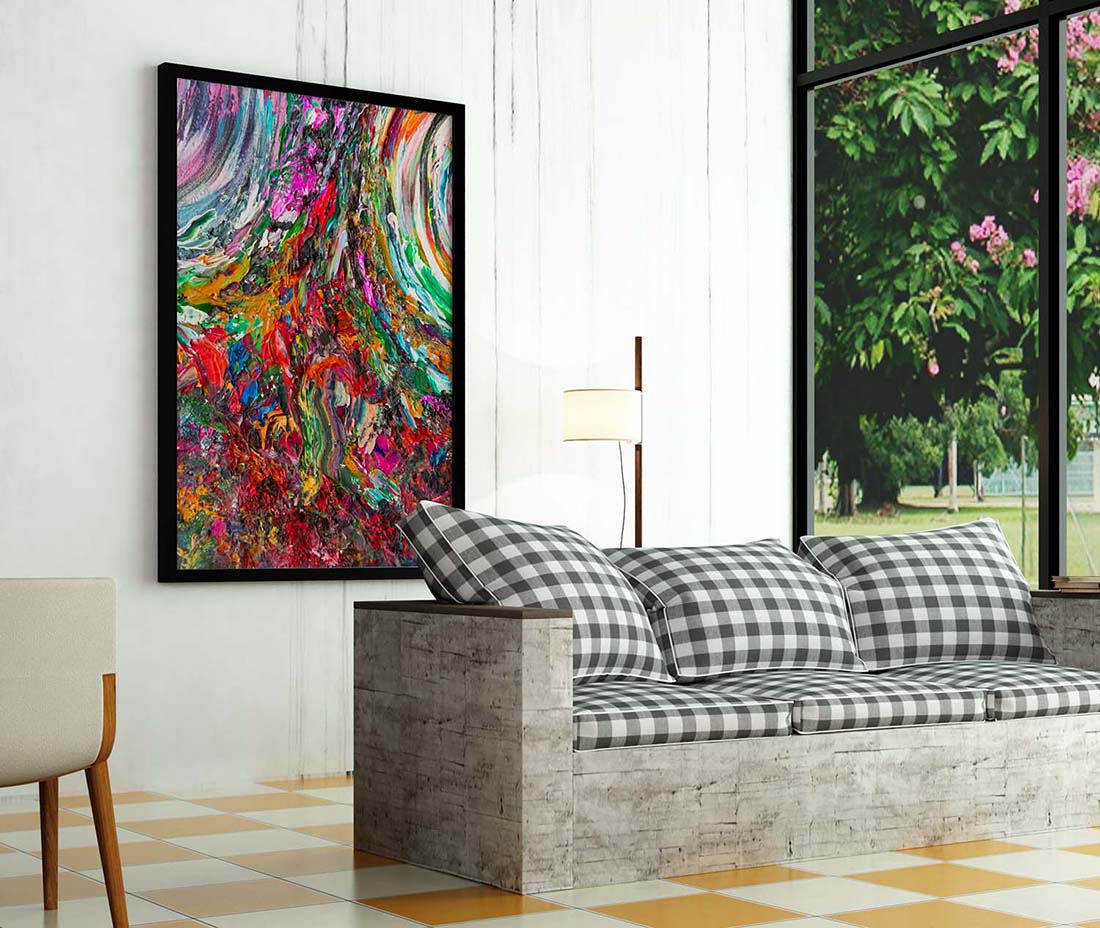 Vid19-Nutt abstract art print by Doug LaRue on a living room wall behind a couch