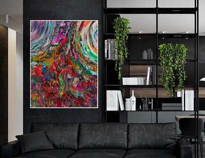 Vid19-Nutt abstract art print by Doug LaRue on a living room wall behind a couch