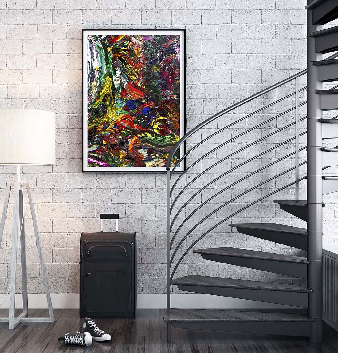 Vid-19 Red Lights abstract art by Doug LaRue in a black frame on a living room wall