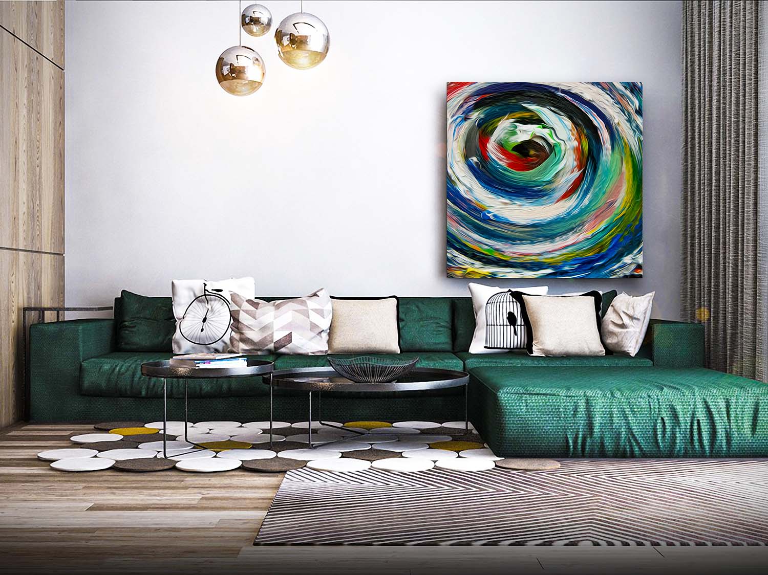 Vid-19 Quadratic Vortex abstract art on a living room wall by Doug LaRue