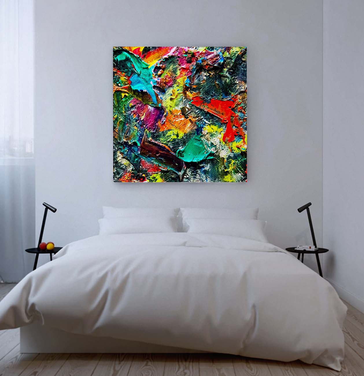 Watermelon Taffy Square 4 abstract art by Doug LaRue on a bedroom wall over a bed