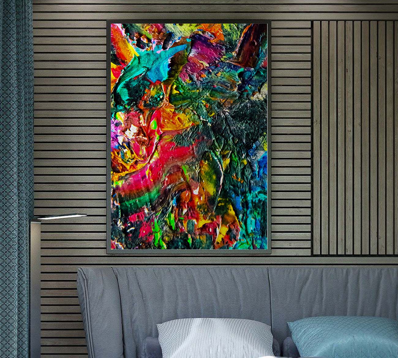 Watermelon Taffy abstract art  by Doug LaRue on a wood panel bedroom wall