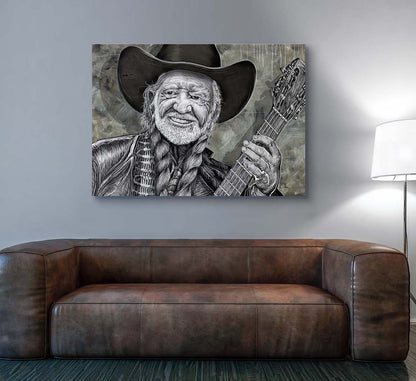 Willie Nelson and Trigger artwork by Doug LaRue on a living room wall over a plush leather couch