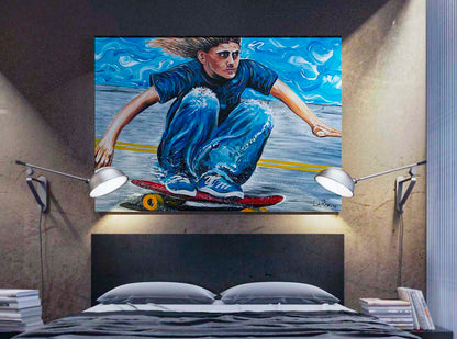 Zephyr Skates acrylic canvas painting by Doug LaRue on a wall in a bedroom